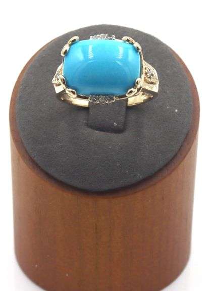 14kt Yellow gold East West oval turquoise and diamond accent cocktail ring