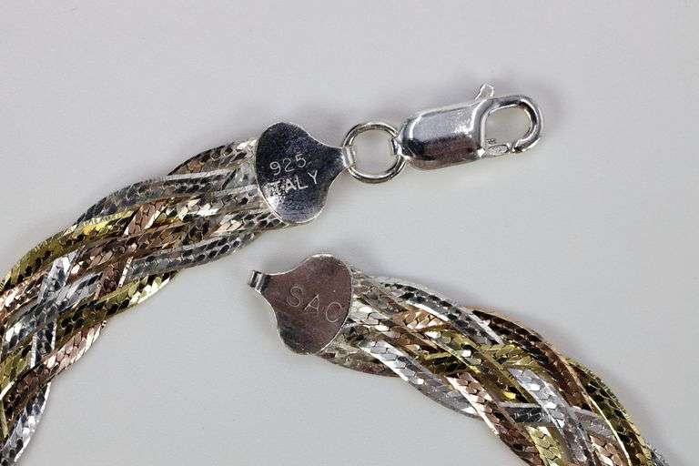 Sterling Silver Tri Colored Braided Herringbone Bracelet 10mm 925 Italy Chain 8"
