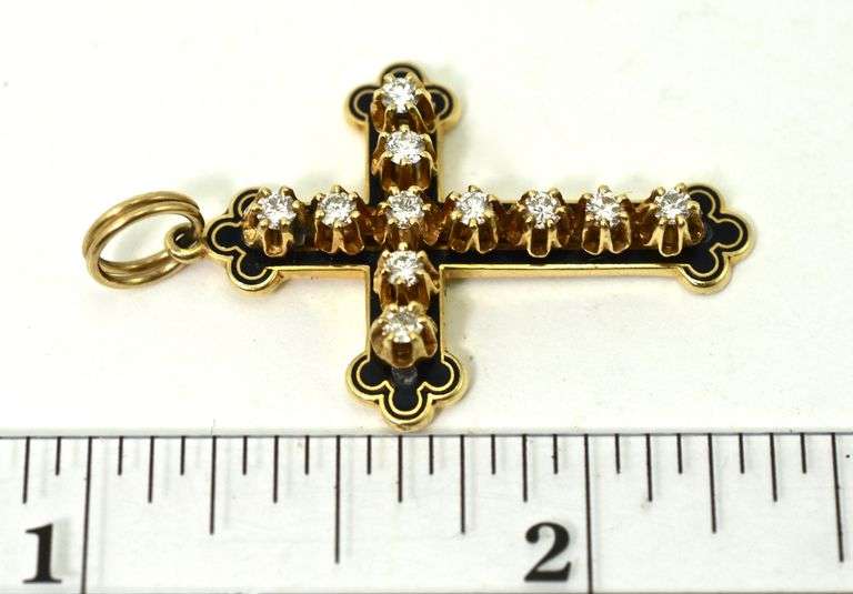 Stunning 14K Enamel and Diamond Cross Pendant