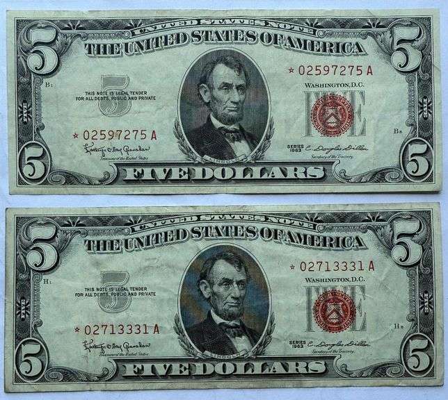 2 1963 Red Seal $5 Star US Notes