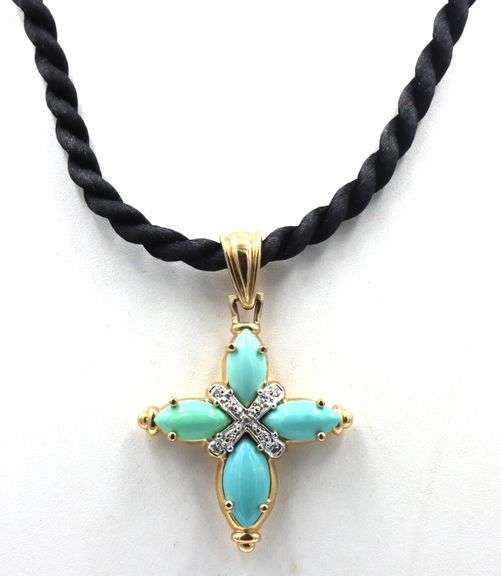 925 Sterling silver turquoise cross pendant on black cord necklace