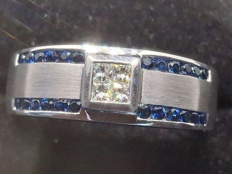 Gorgeous 14K White gold with Natural Princess cut and Round Sapphire stones Wedding Band