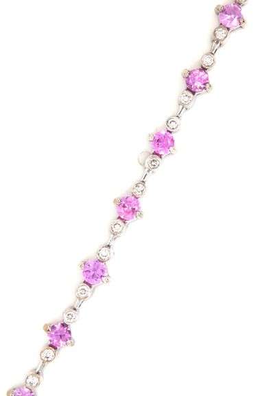 14kt White gold 0.37ctw Bezel set diamond and pink sapphire link bracelet