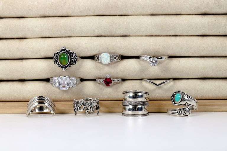 .925 Sterling Silver Curated Ring Lot of 10 Rings Various Sizes & Styles