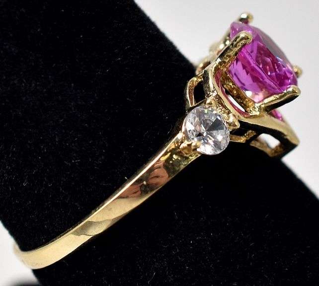 Amazing 10K Yellow Gold Pink Sapphire and CZ Gemstone Ring