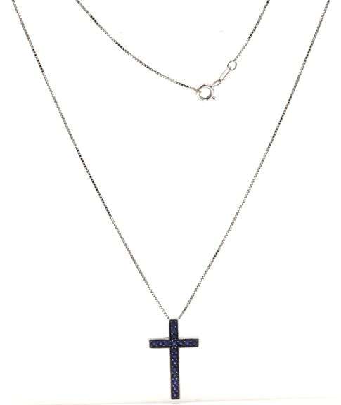 Sweet 18K WG Sapphire Cross on Necklace