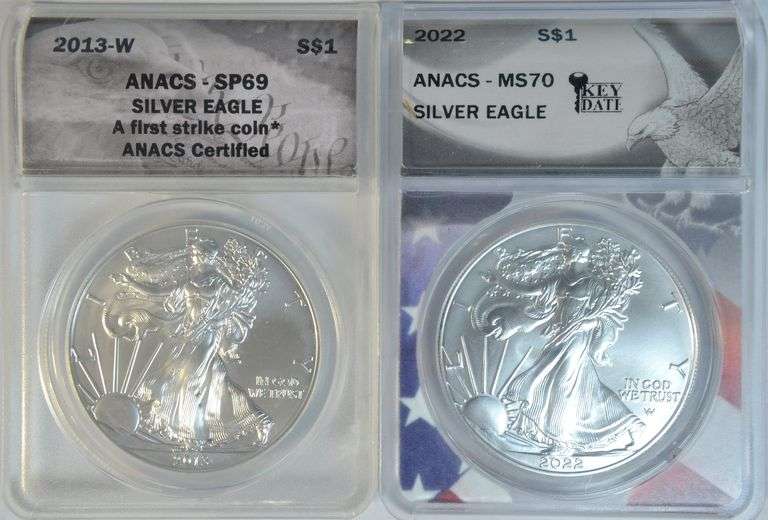 2013-W (ANACS SP69) & 2022 (ANACS MS70) $1 Silver Eagles