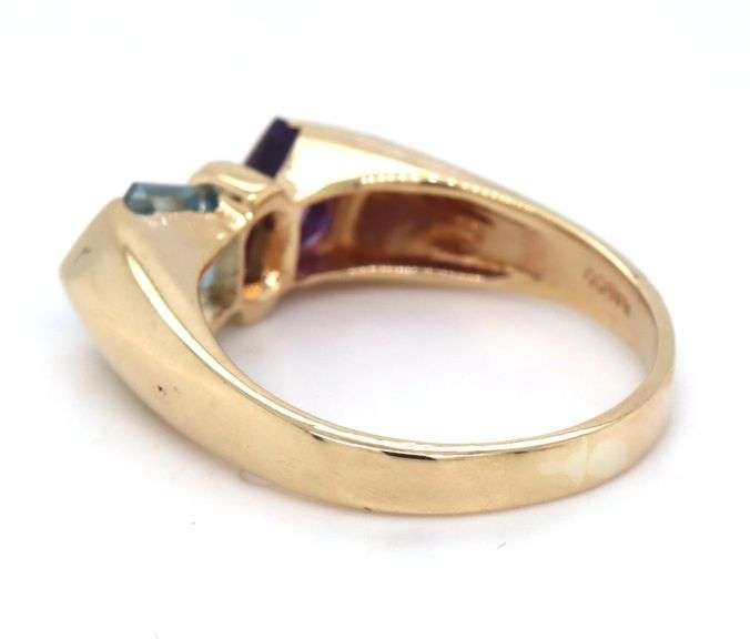 14kt Yellow gold Fancy aquamarine, amethyst and diamond ring