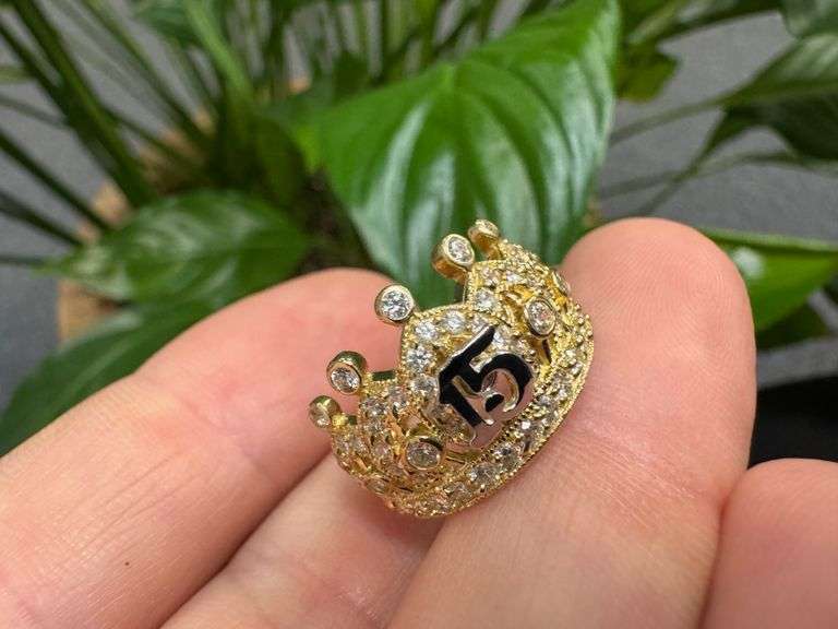 10k Yellow Gold White CZ Crown Quinceanera 15 Ring Size 7