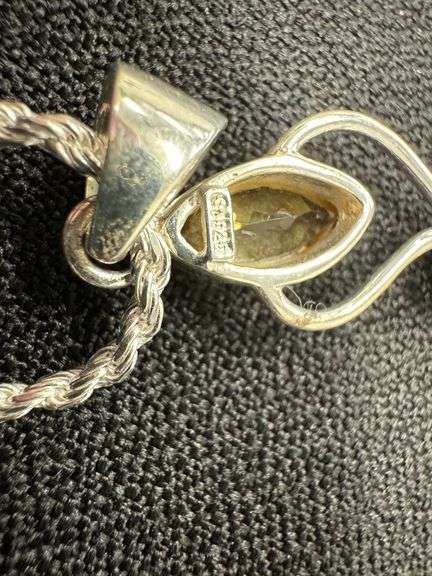 Sterling Silver Natural Citrine Gemstone Pendant w/ .925 Italian Rope Chain in 22 Inches