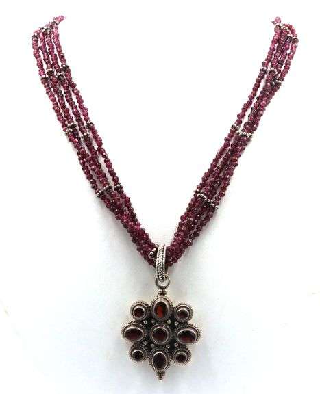 925 Sterling silver signed garnet pendant on multi strand garnet beaded necklace