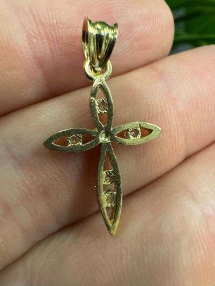 10k Yellow Gold Ornate Cross with Clear CZs Pendant Christian Charm