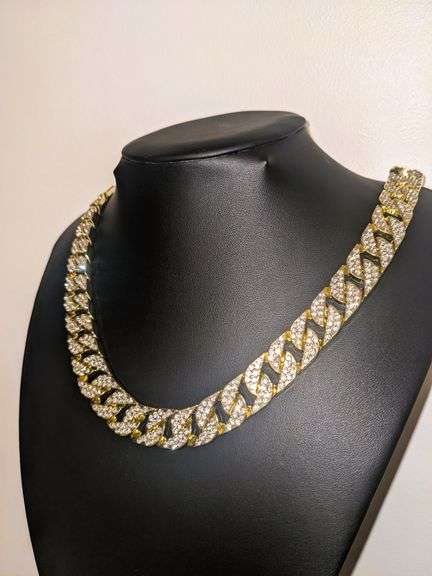 Huge 133.8 Grams 14 Kt Gold Plate Simulated Diamond Cuban Link Chain