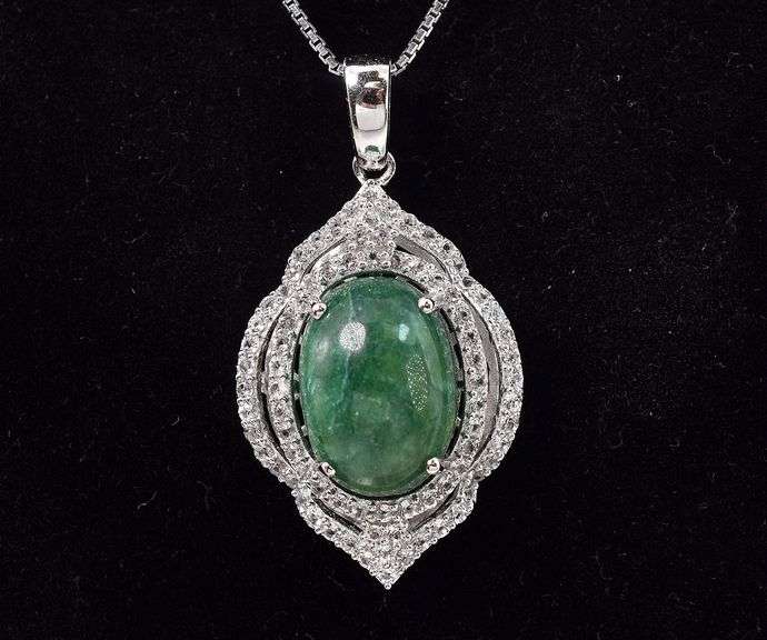 Fantastic 9.35CTS Oval Shaped Cabochon-Cut Natural Emerald &1.20CTW White Sapphire in Sterling Silve