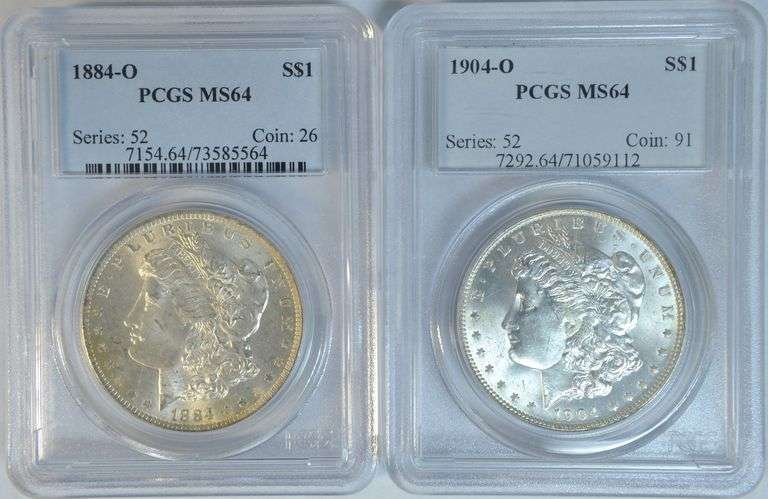 Nearly Gem BU 1884-O & 1904-O Morgan Silver Dollars. PCGS MS64