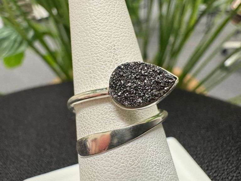 Sterling Silver 925 Titanium Coated Druzy Agate Crystal Stone Ring Adjustable Spoon Band