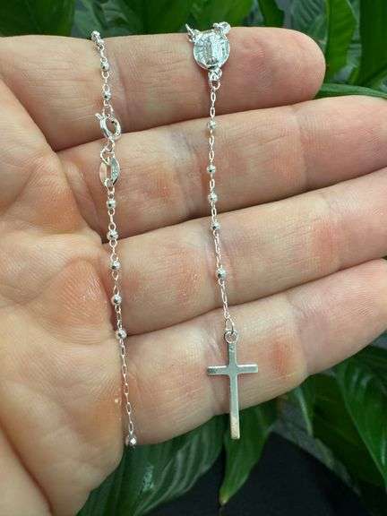 High Polished 925 Sterling Silver 2.5mm Smooth Bead Plain Cross 18" Rosary
