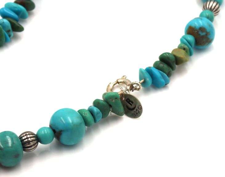 925 Sterling silver signed turquoise pendant on turquoise beaded chain necklace