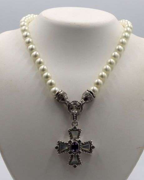 Judith Ripka pearl strand necklace with cross pendant