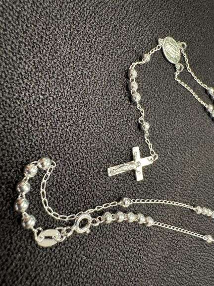 High Polished 925 Sterling Silver 3mm Smooth Bead Diamond Cut Cross Rosary 22"
