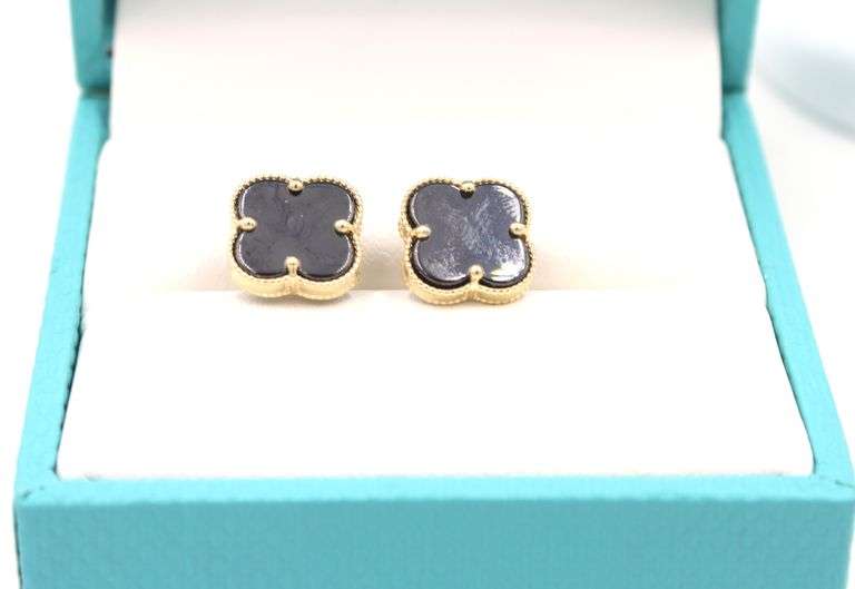 Precious 14K Yellow Gold Black Onyx Clover Stud Earrings