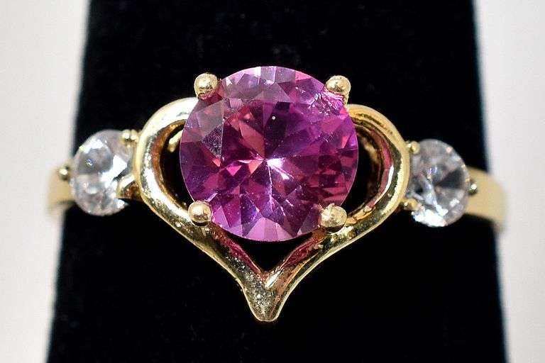 Amazing 10K Yellow Gold Pink Sapphire and CZ Gemstone Ring