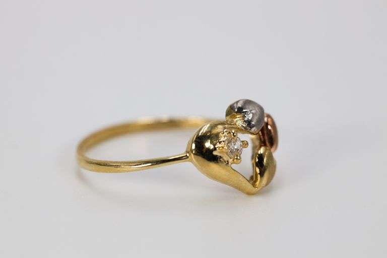 10k Yellow Gold Round White CZ Tri-Color Heart White Rose Promise Ring Band Size 6.5
