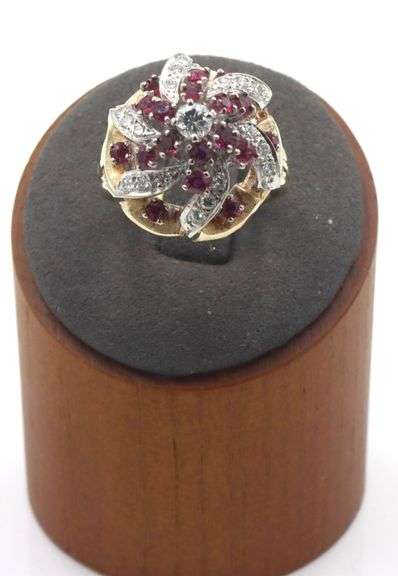 14kt Yellow gold 0.65ctw diamond and 0.55ctw ruby open art flower cluster ring