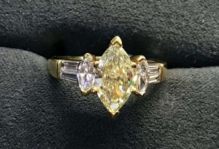 18k Yellow Gold Marquise and Baguette Natural Diamond Engagement Ring
