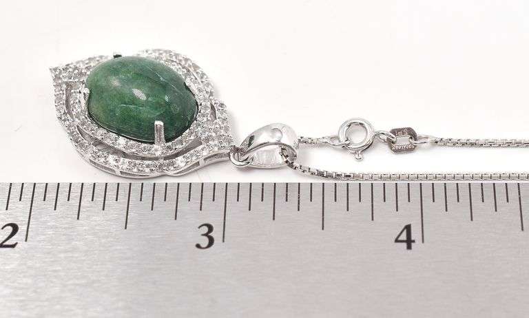Fantastic 9.35CTS Oval Shaped Cabochon-Cut Natural Emerald &1.20CTW White Sapphire in Sterling Silve