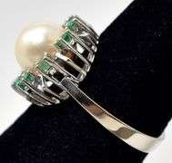 Fancy 14K White Gold Pearl and Emerald Ring