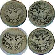 4 Different Barber Silver Quarters: 1898-1908