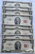 2 Each 1953 53 A B Series & 1963 $2  Red Seal US Notes