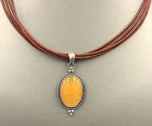 925 Sterling silver lemon quartz pendant on brown leather strand necklace