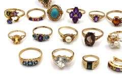 Group lot of 14kt Yellow gold gemstone rings and one pair of earrings