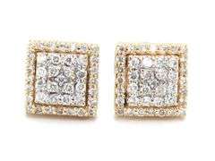 10kt two tone gold diamond pave square stud earrings