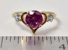 Amazing 10K Yellow Gold Pink Sapphire and CZ Gemstone Ring