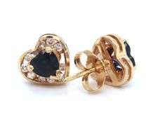 14kt Yellow gold 1ctw sapphire heart and diamond earrings