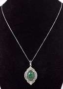 Fantastic 9.35CTS Oval Shaped Cabochon-Cut Natural Emerald &1.20CTW White Sapphire in Sterling Silve