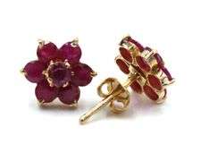 10kt Yellow gold flower ruby cluster stud earrings