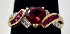 Adorable 10K Yellow Gold Red Garnet, Pink Sapphire Gemstone and Diamond Ring