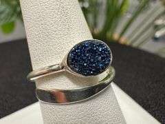 Sterling Silver 925 Titanium Coated Druzy Agate Crystal Stone Ring Adjustable Spoon Band