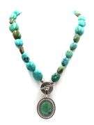 Vintage 925 sterling silver Carolyn Pollack turquoise pendant on beaded turquoise chain necklace