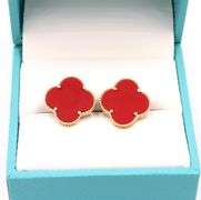 Beautiful 14K Yellow Gold Coral Motif Clover Stud Earrings