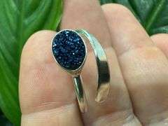 Sterling Silver 925 Titanium Coated Druzy Agate Crystal Stone Ring Adjustable Spoon Band