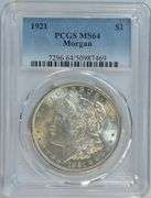 Nearly Gem BU 1921 Morgan Silver Dollar. PCGS MS64