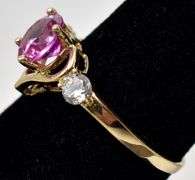 Amazing 10K Yellow Gold Pink Sapphire and CZ Gemstone Ring
