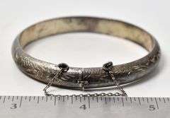 Clasp Bangle Bracelet with Engraved Design in Sterling Silver