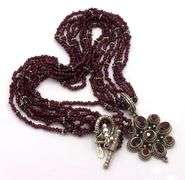 925 Sterling silver signed garnet pendant on multi strand garnet beaded necklace