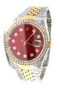 Rolex date just 36mm 2-tone aftermarket red dial and diamond bezel in Jubilee bracelet watch